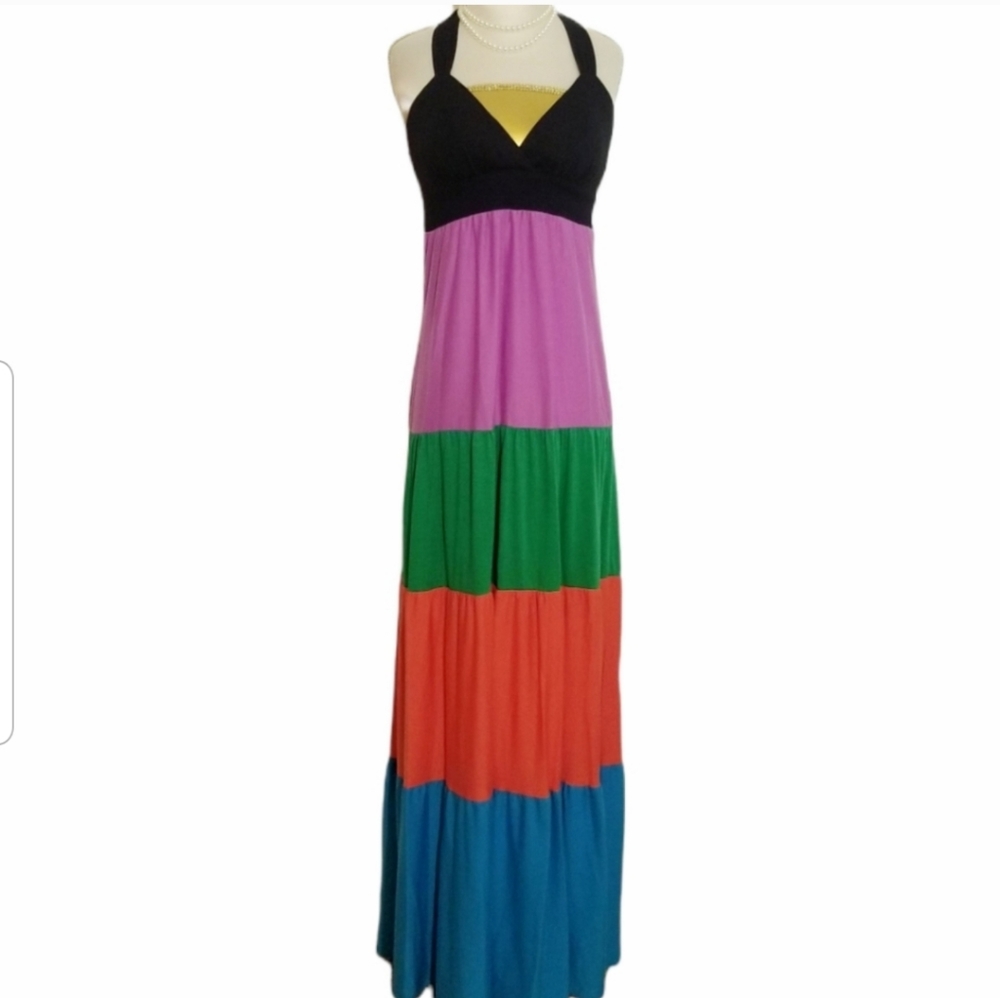 Boho Colorblock Open-Back Haltered Maxi Dress - image 2